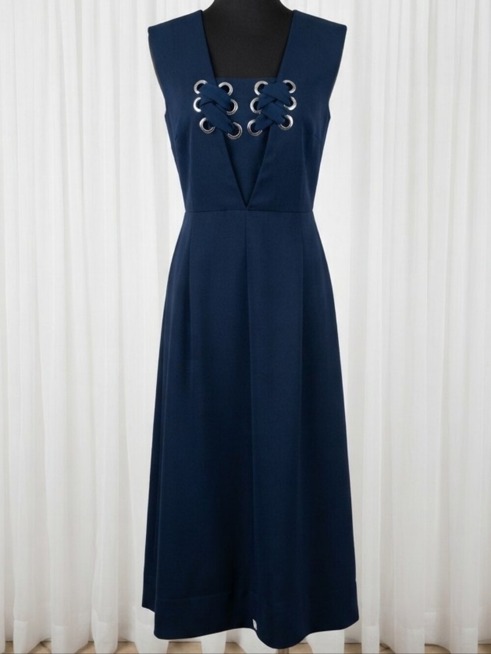 Beulah Navy Grommet Lace-Up V-Neck Midi Dress